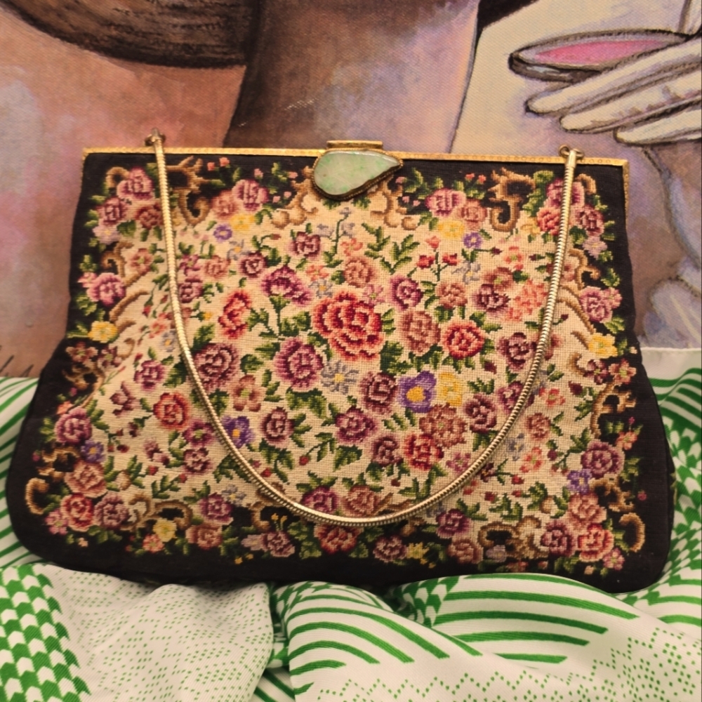 Vintage Asian Tapestry Needlepoint Floral Evening Bag With Jade Leaf Clasp